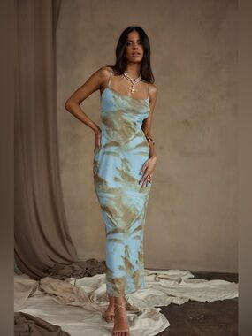 12th Tribe Lilah Blue Printed Mesh Dress